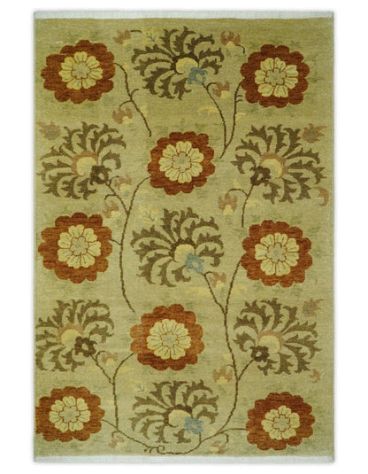 Antique Modern Floral Olive and Rust Hand Knotted Wool Rug.