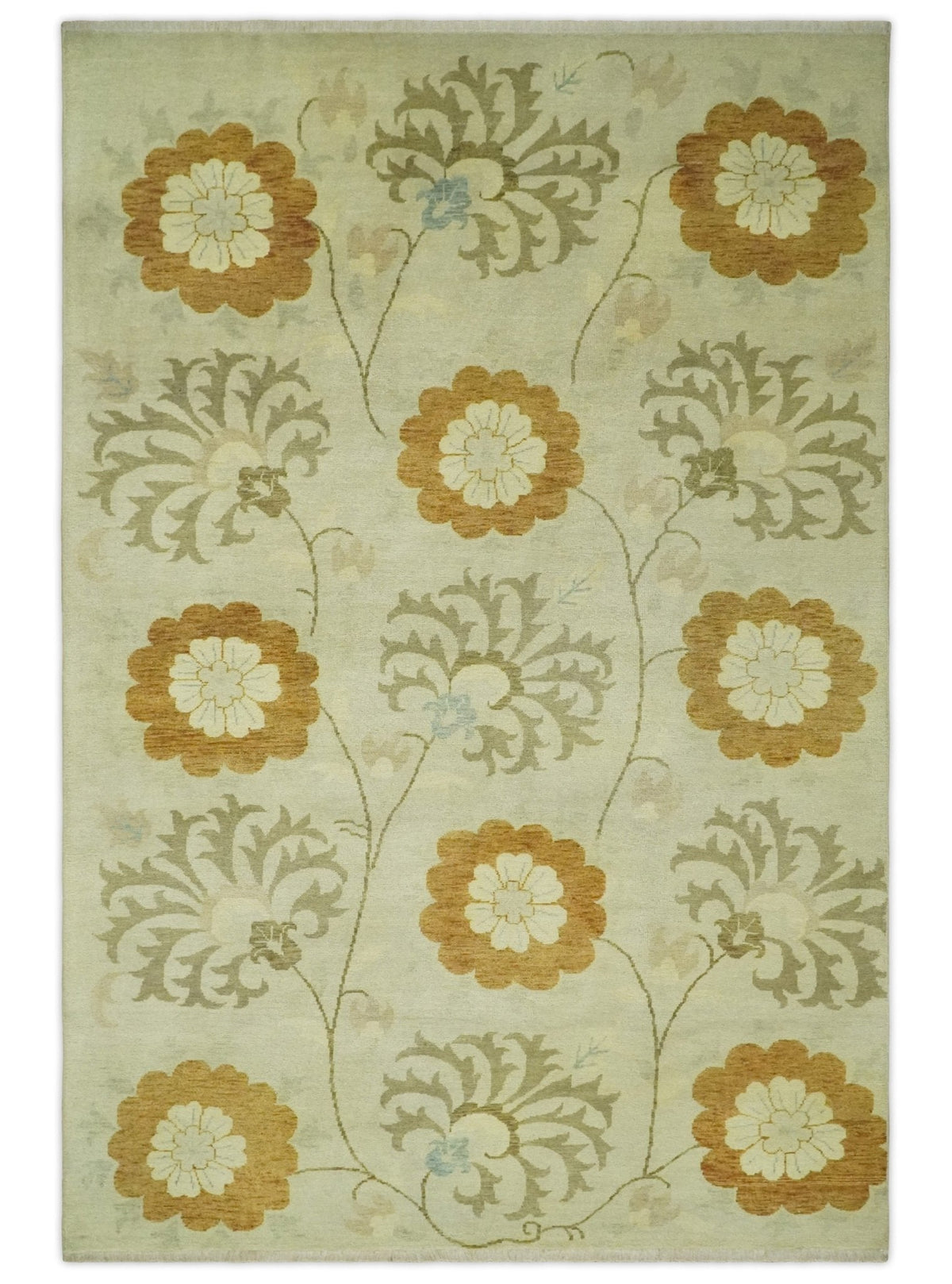 Antique Modern Floral Olive and Rust Hand Knotted Wool Rug.