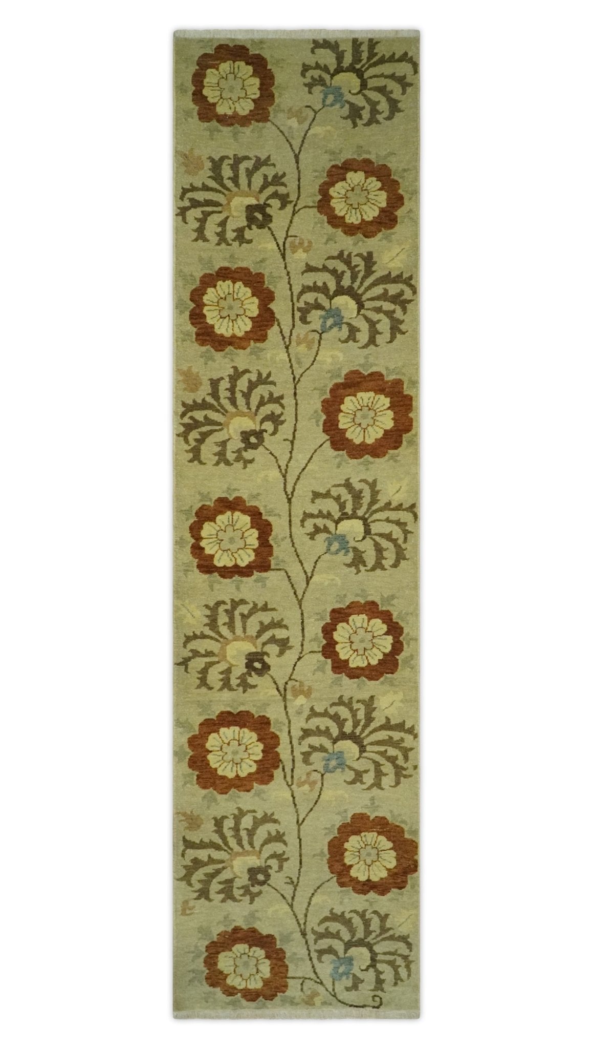 Antique Modern Floral Olive and Rust Hand Knotted Wool Rug.