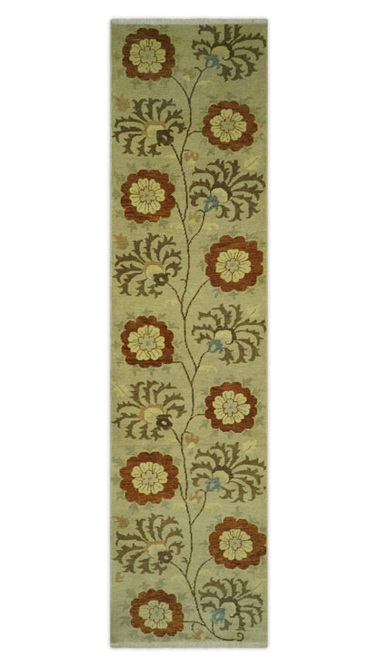 Antique Modern Floral Olive and Rust Hand Knotted Wool Rug.