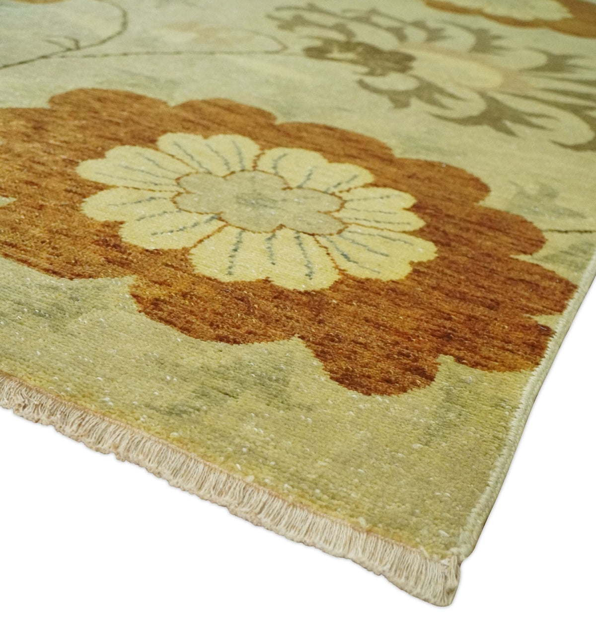 Antique Modern Floral Olive and Rust Hand Knotted Wool Rug.