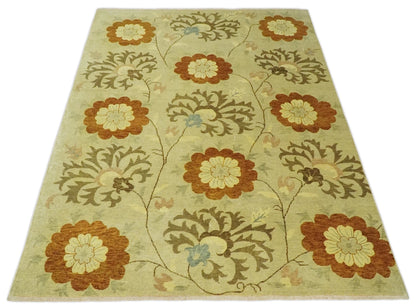 Antique Modern Floral Olive and Rust Hand Knotted Wool Rug.