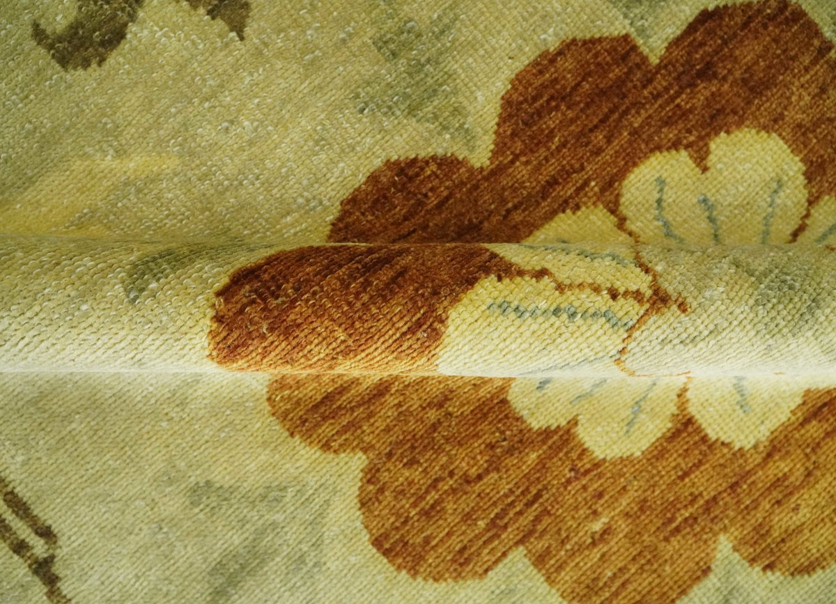 Antique Modern Floral Olive and Rust Hand Knotted Wool Rug.