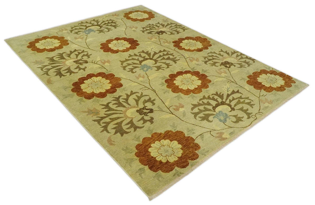 Antique Modern Floral Olive and Rust Hand Knotted Wool Rug.
