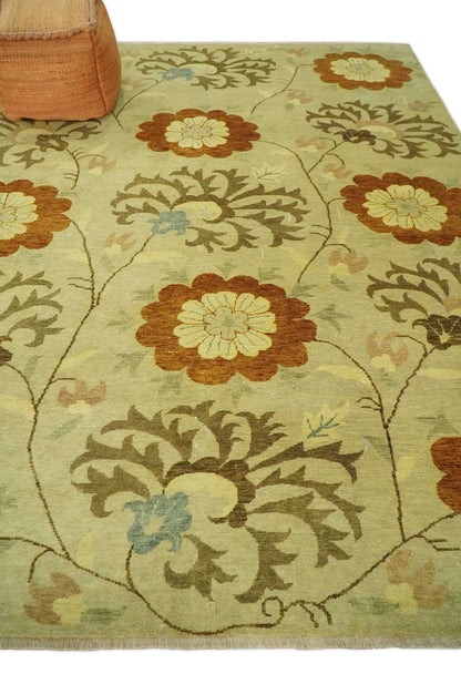 Antique Modern Floral Olive and Rust Hand Knotted Wool Rug.
