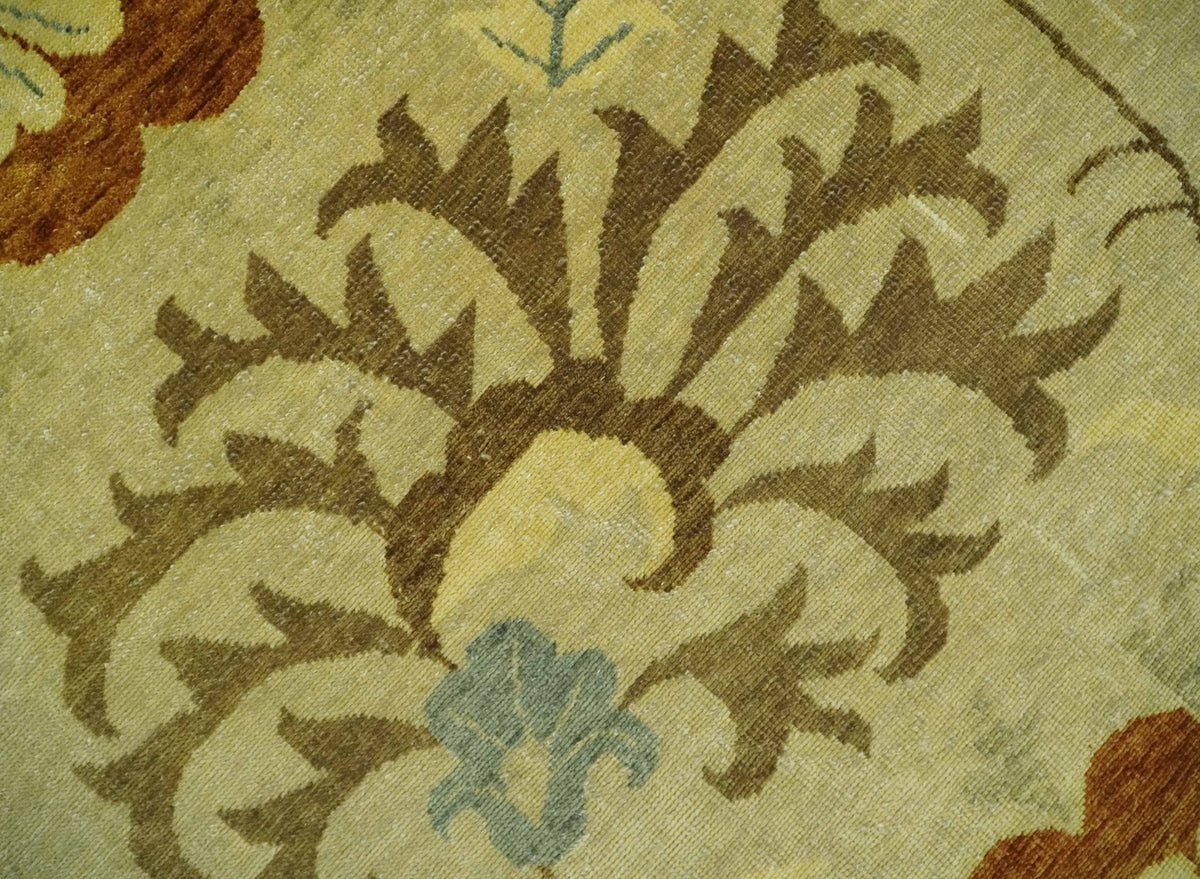 Antique Modern Floral Olive and Rust Hand Knotted Wool Rug.