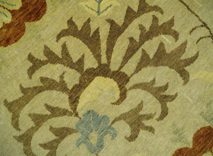 Antique Modern Floral Olive and Rust Hand Knotted Wool Rug.