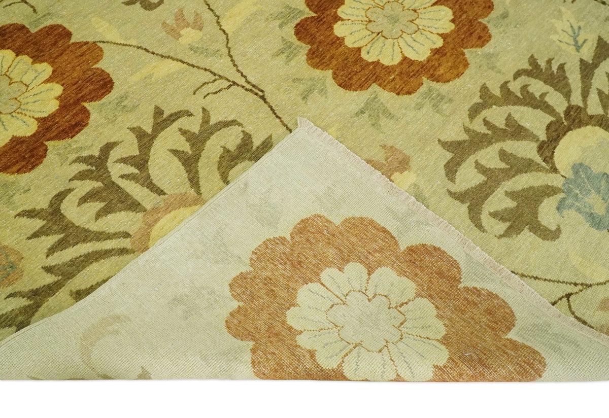Antique Modern Floral Olive and Rust Hand Knotted Wool Rug.