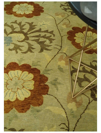 Antique Modern Floral Olive and Rust Hand Knotted Wool Rug.