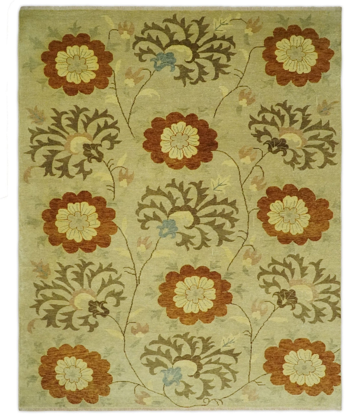 Antique Modern Floral Olive and Rust Hand Knotted Wool Rug.