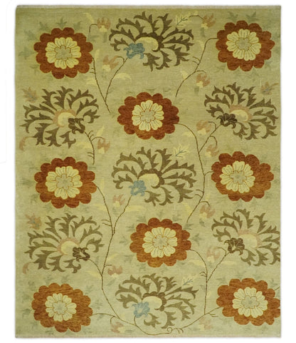 Antique Modern Floral Olive and Rust Hand Knotted Wool Rug.