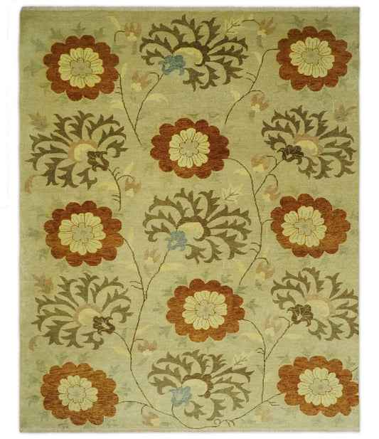 Antique Modern Floral Olive and Rust Hand Knotted Wool Rug.