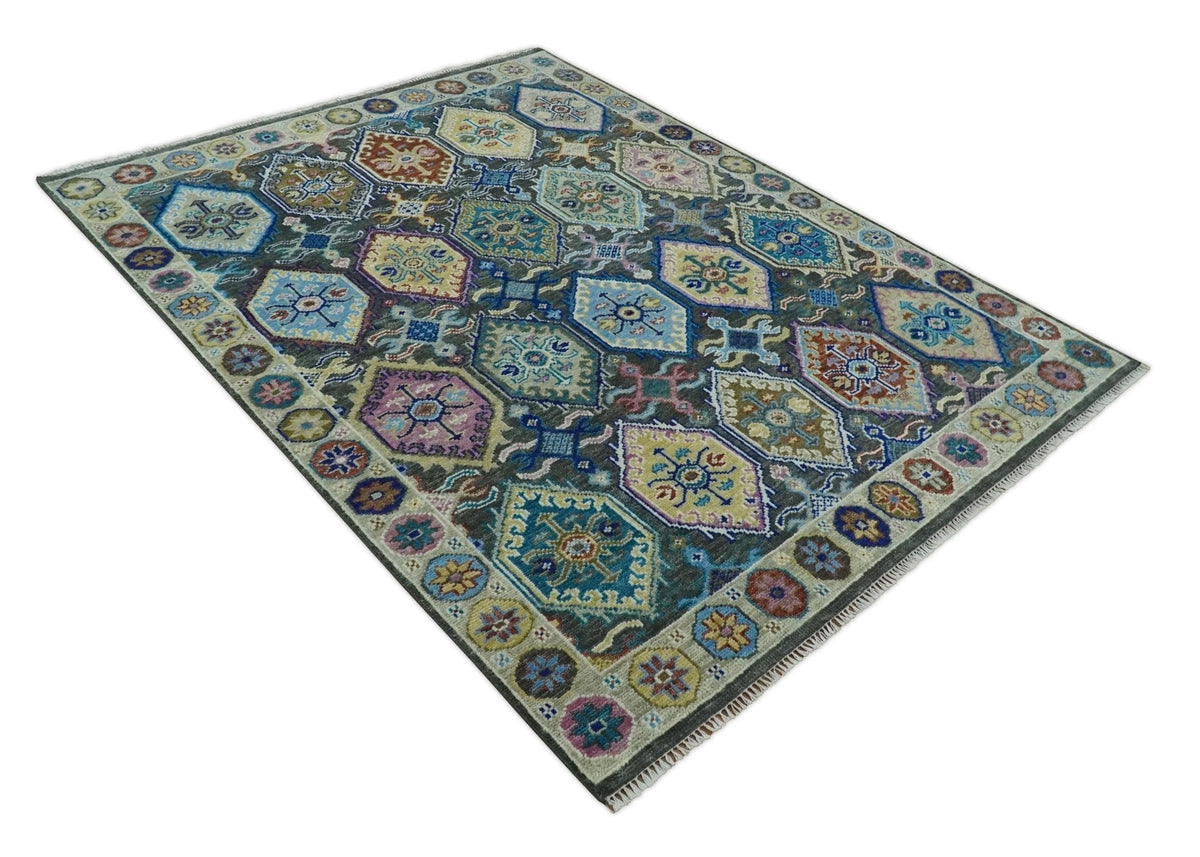 Antique look Charcoal And beige Hand knotted Custom Made wool Area Rug.