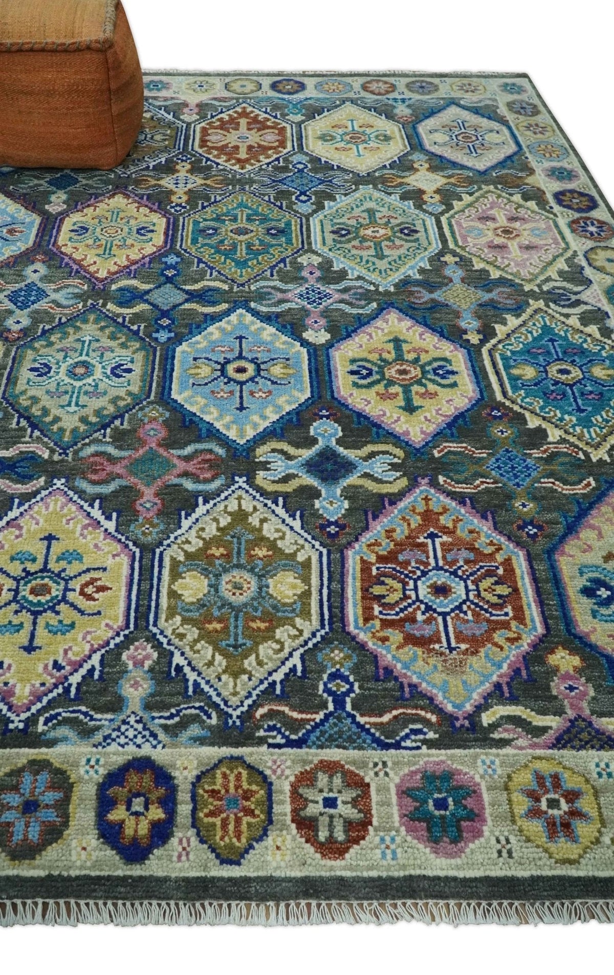 Antique look Charcoal And beige Hand knotted Custom Made wool Area Rug.