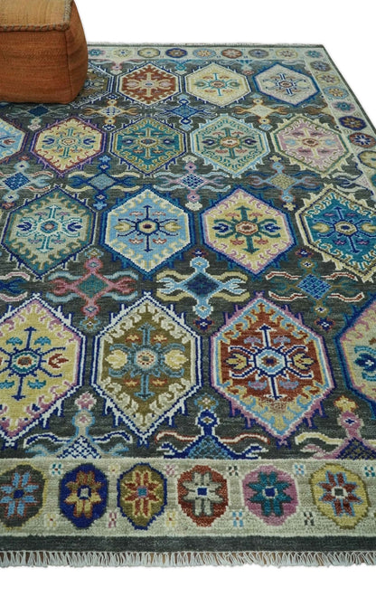 Antique look Charcoal And beige Hand knotted Custom Made wool Area Rug.