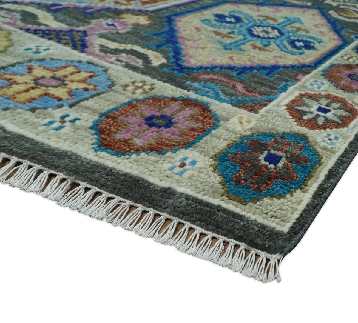 Antique look Charcoal And beige Hand knotted Custom Made wool Area Rug.