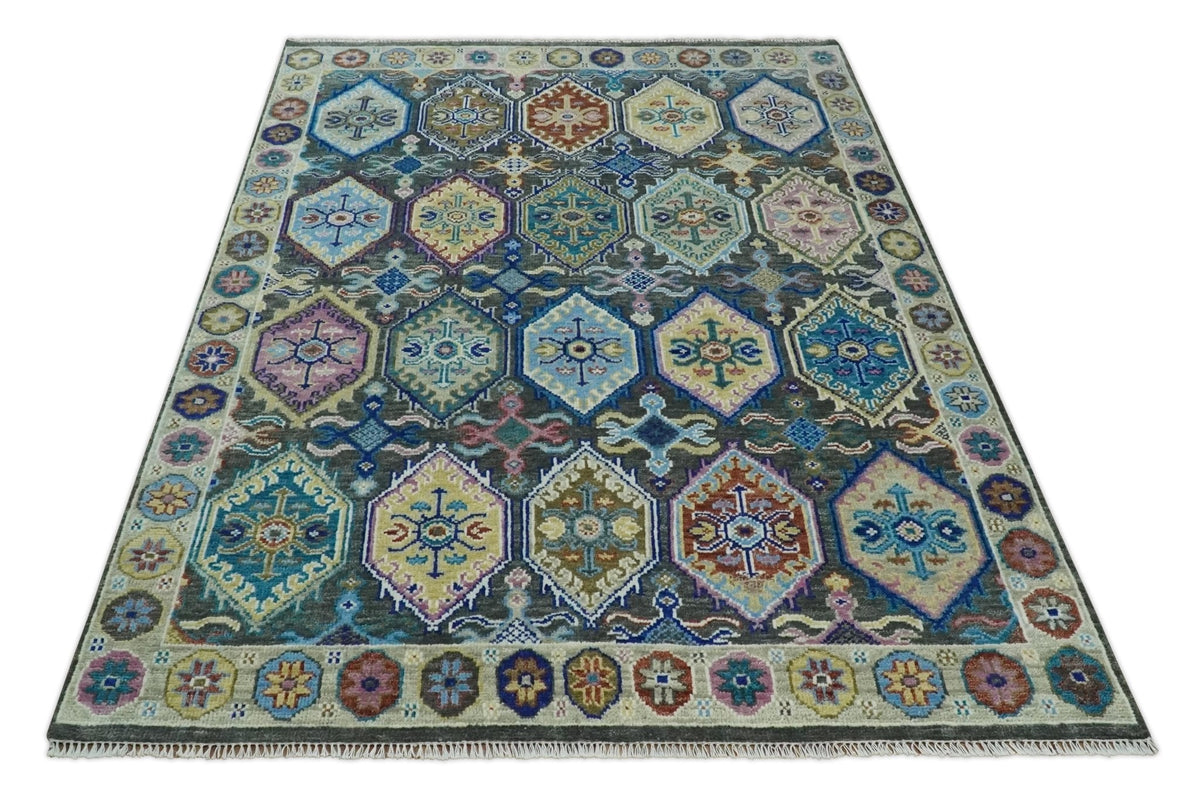 Antique look Charcoal And beige Hand knotted Custom Made wool Area Rug.