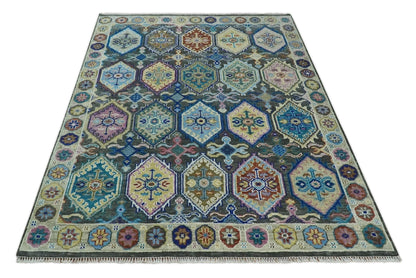 Antique look Charcoal And beige Hand knotted Custom Made wool Area Rug.