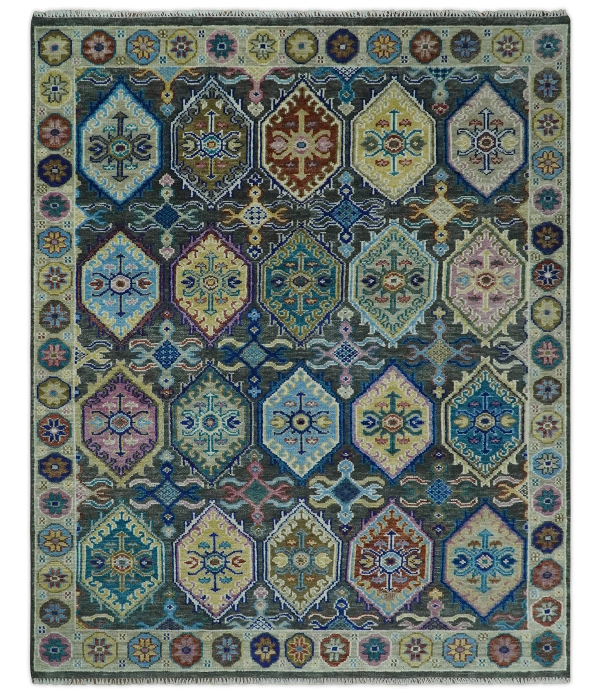 Antique look Charcoal And beige Hand knotted Custom Made wool Area Rug.