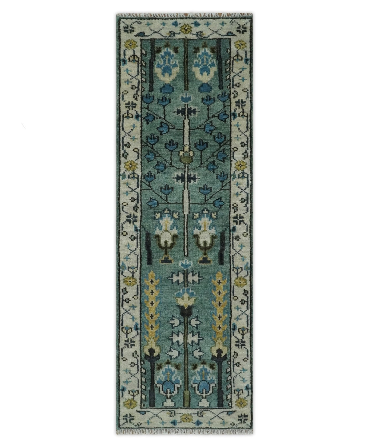 Custom Made Teal And Ivory Tree of life Hand Knotted Runner Rug.