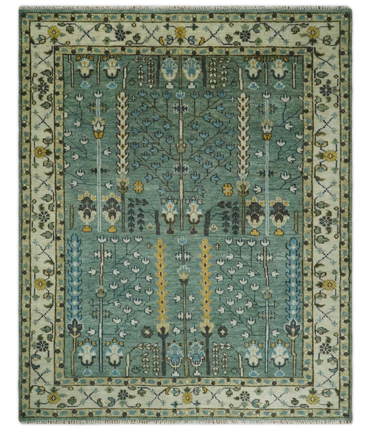 Aqua Hand Knotted Green and Ivory Traditional Turkish Vintage Style Wool Rug.