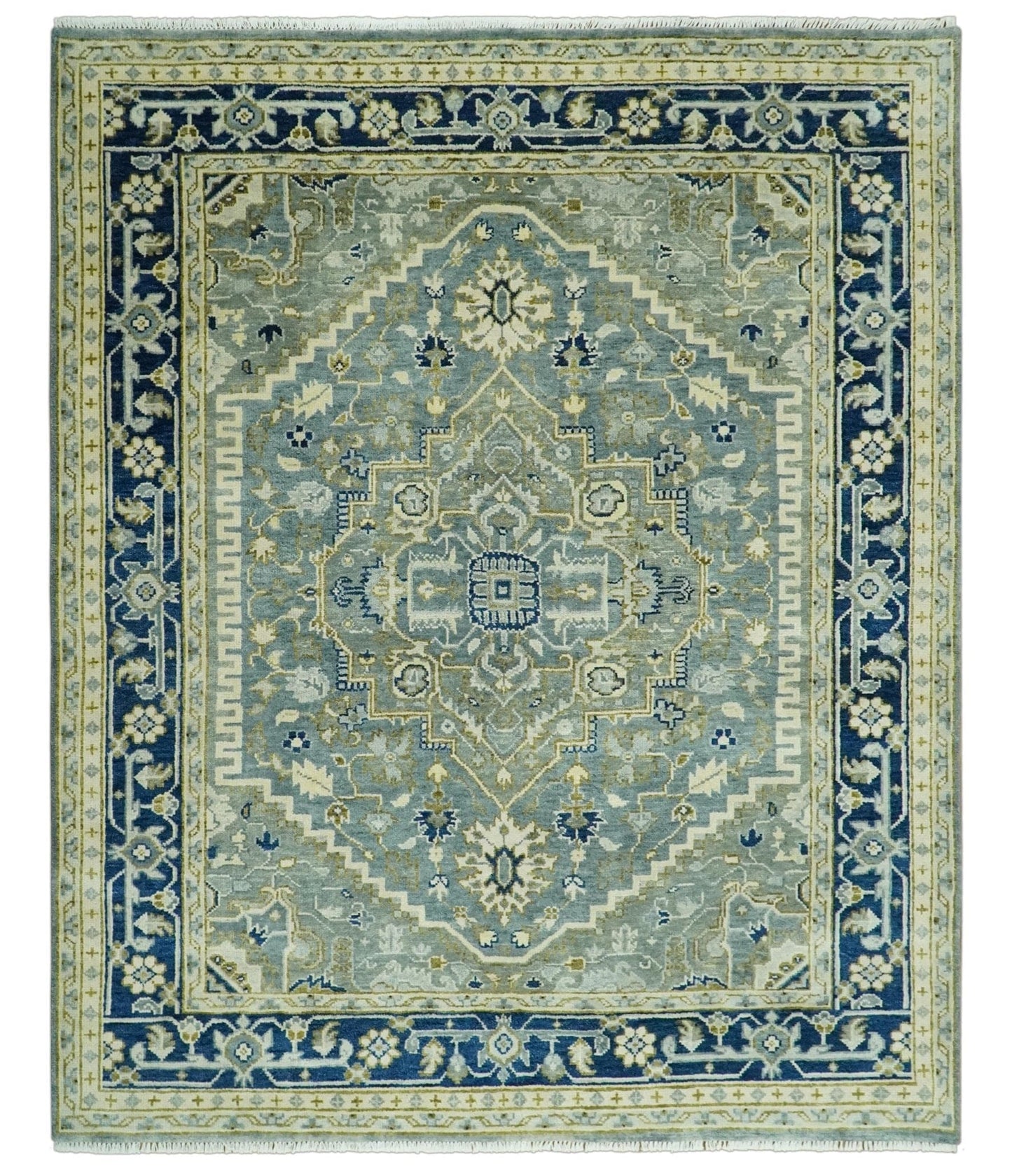 The Rug Decor Area Rug 8x10 Antique design Gray, Olive and Blue Traditional Hand Knotted Custom Made wool Rug Antique design Gray, Olive and Blue Traditional Hand Knotted Custom Made wool Rug