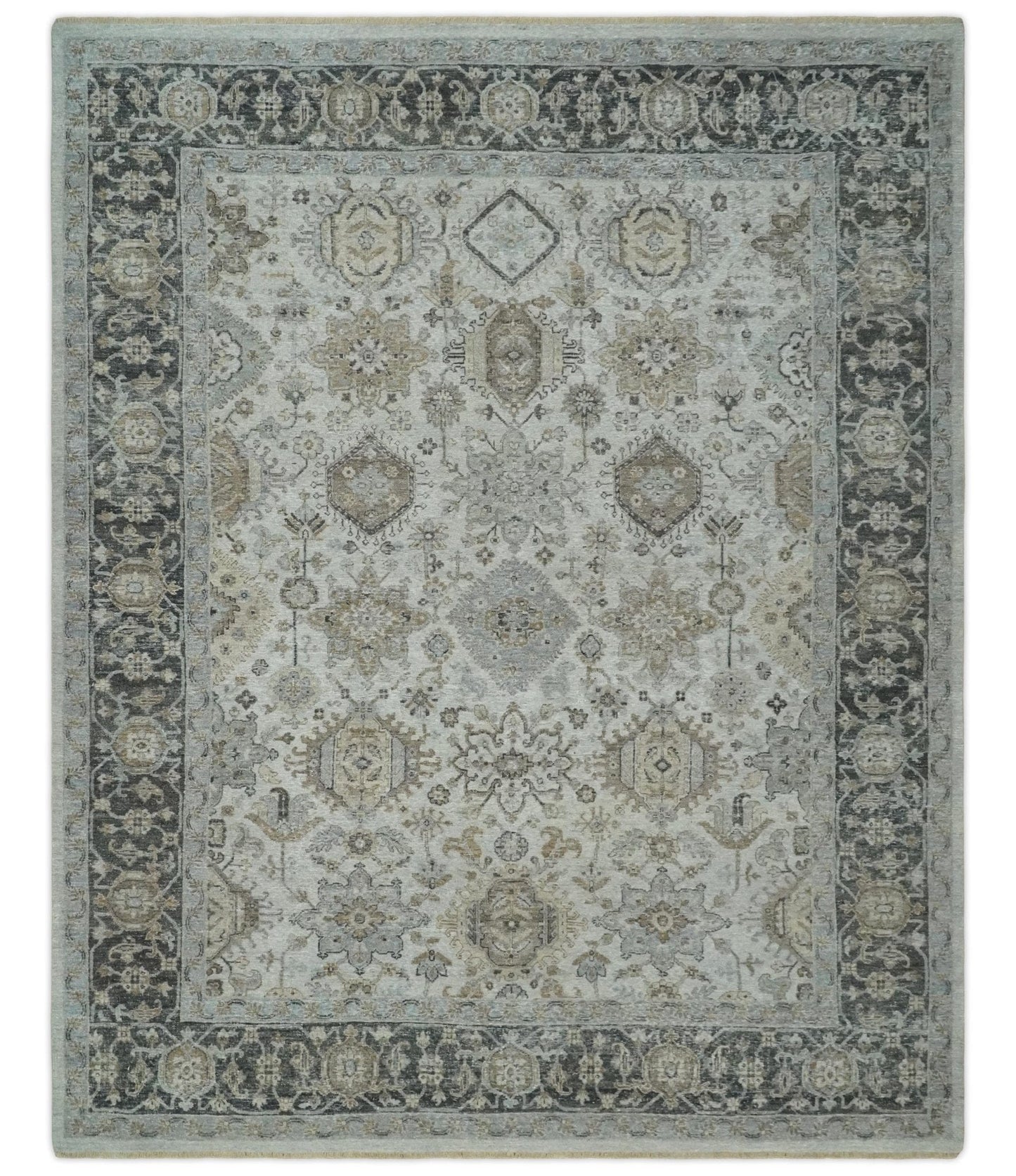 The Rug Decor Area Rug 8x10 Antique Distressed finished Look Ivory, Charcoal and Beige Custom Made wool Area Rug Antique Distressed finished Look Ivory, Charcoal and Beige Custom Made wool Area Rug