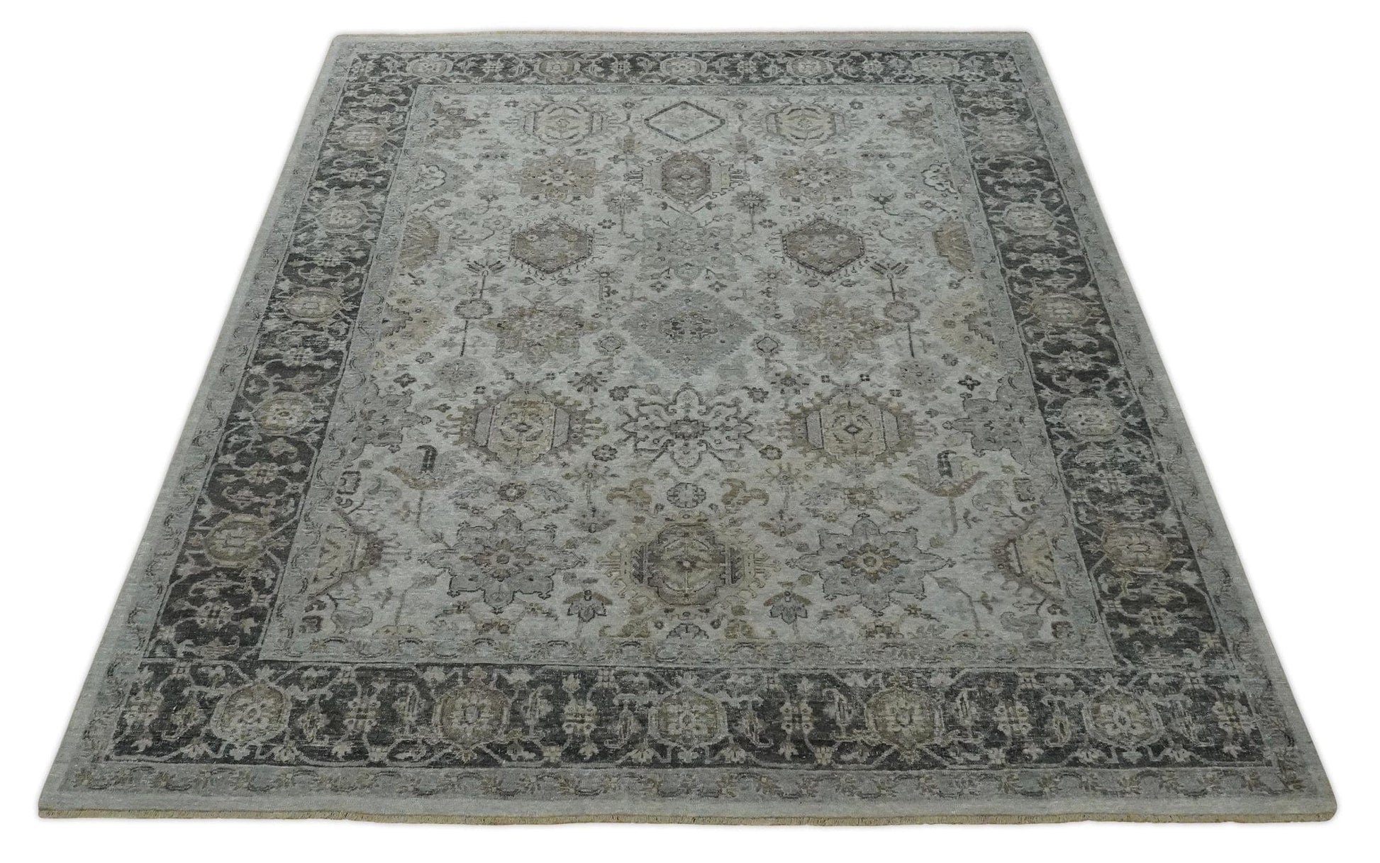 The Rug Decor Area Rug Antique Distressed finished Look Ivory, Charcoal and Beige Custom Made wool Area Rug Antique Distressed finished Look Ivory, Charcoal and Beige Custom Made wool Area Rug