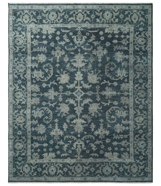 The Rug Decor Area Rug 8x10 Antique Floral Distressed finished Hand Knotted Serapi Dark Teal and Beige Custom Made wool Area Rug Antique Floral Distressed finished Hand Knotted Serapi Dark Teal and Beige Custom Made wool Area Rug