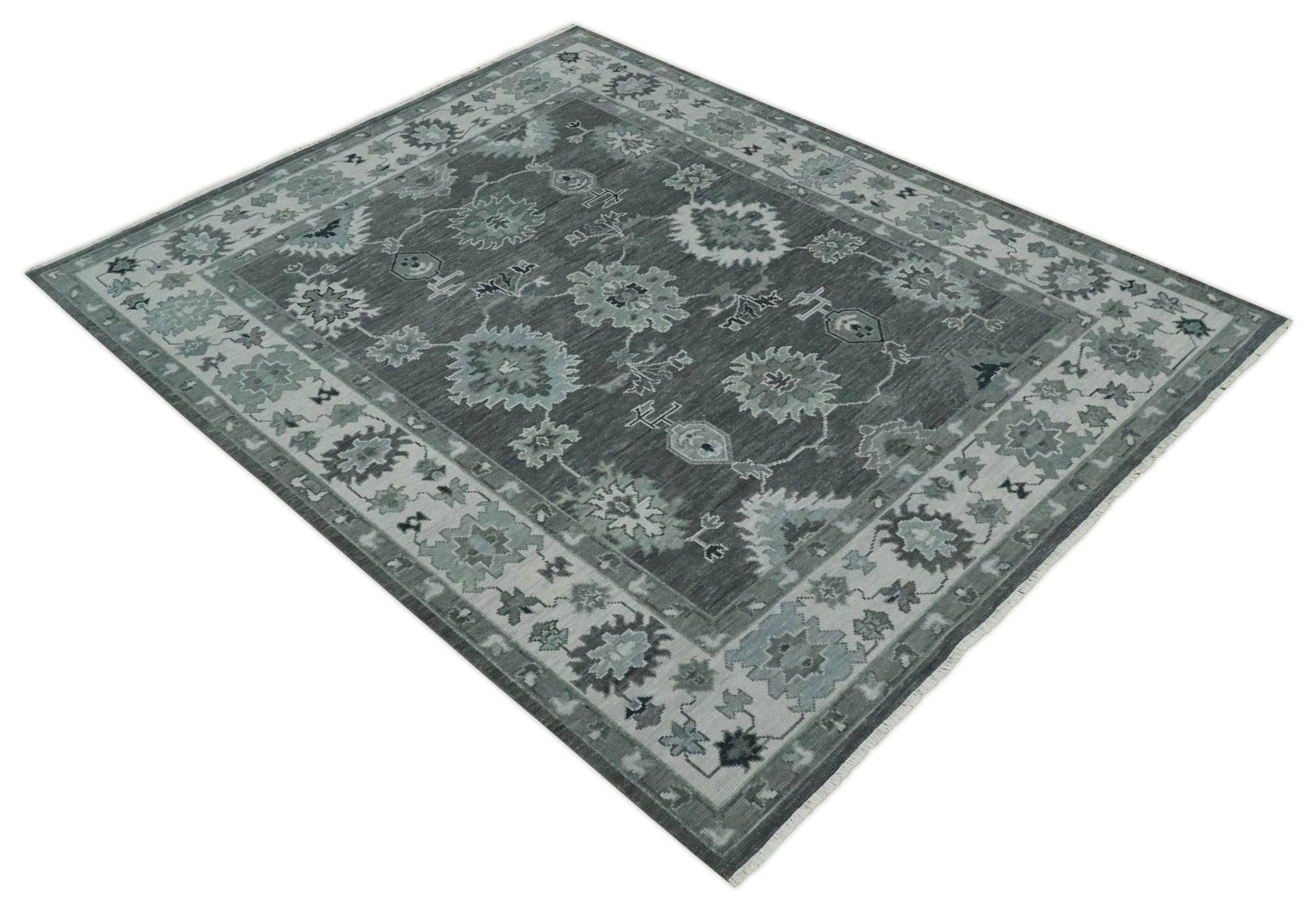 The Rug Decor Area Rug Antique look Charcoal, Ivory and Silver Hand knotted Traditional Oushak Custom Made wool Area Rug Antique look Charcoal, Ivory and Silver Hand knotted Traditional Oushak Custom Made wool Area Rug