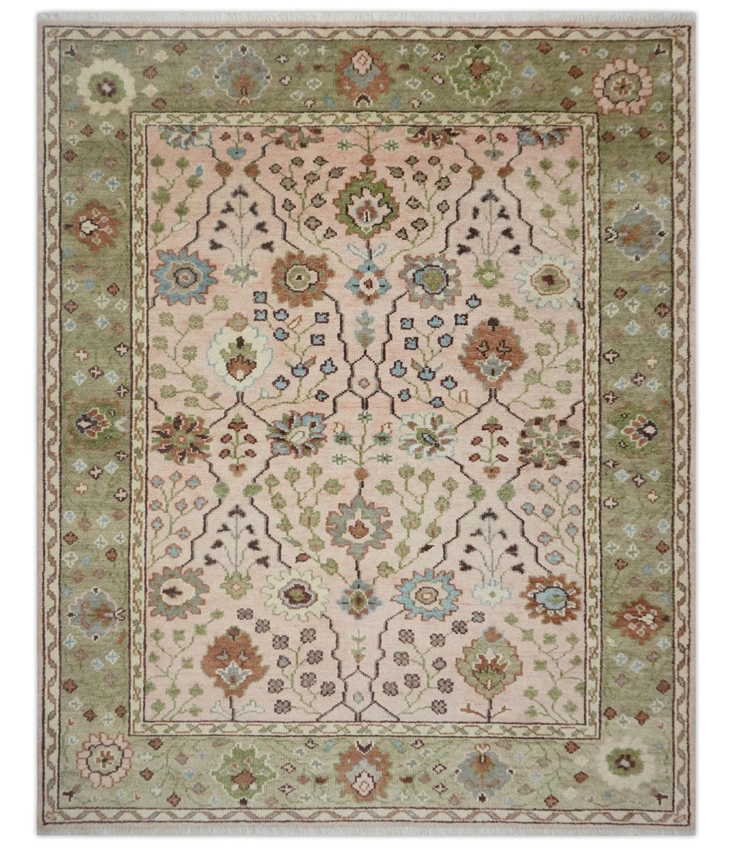 The Rug Decor Area Rug Antique Style floral Hand knotted Peach Pink and Green Custom Made Wool Area Rug Antique Style floral Hand knotted Peach Pink and Green Custom Made Wool Area Rug