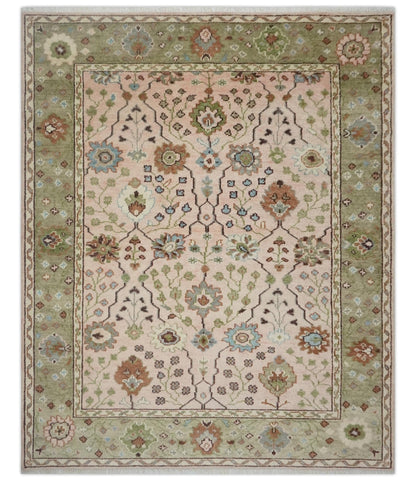 The Rug Decor Area Rug Antique Style floral Hand knotted Peach Pink and Green Custom Made Wool Area Rug Antique Style floral Hand knotted Peach Pink and Green Custom Made Wool Area Rug