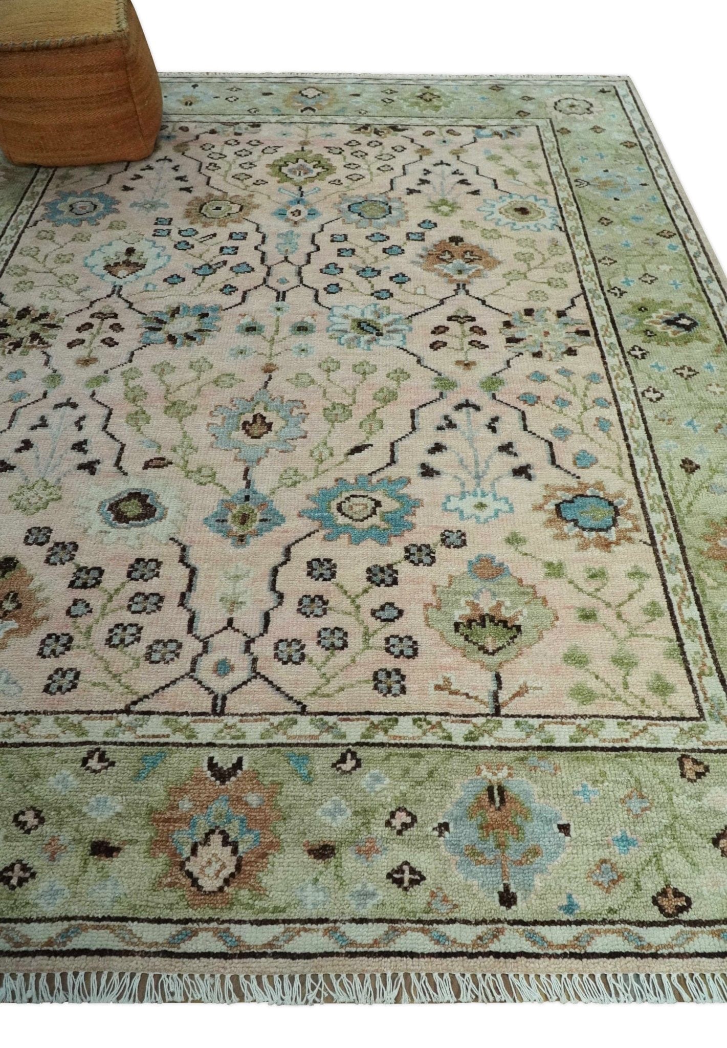 The Rug Decor Area Rug Antique Style floral Hand knotted Peach Pink and Green Custom Made Wool Area Rug Antique Style floral Hand knotted Peach Pink and Green Custom Made Wool Area Rug