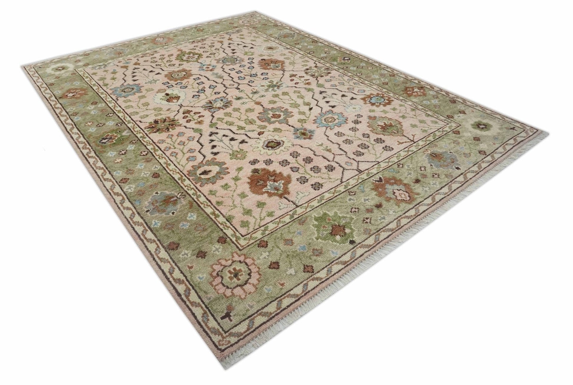 The Rug Decor Area Rug Antique Style floral Hand knotted Peach Pink and Green Custom Made Wool Area Rug Antique Style floral Hand knotted Peach Pink and Green Custom Made Wool Area Rug