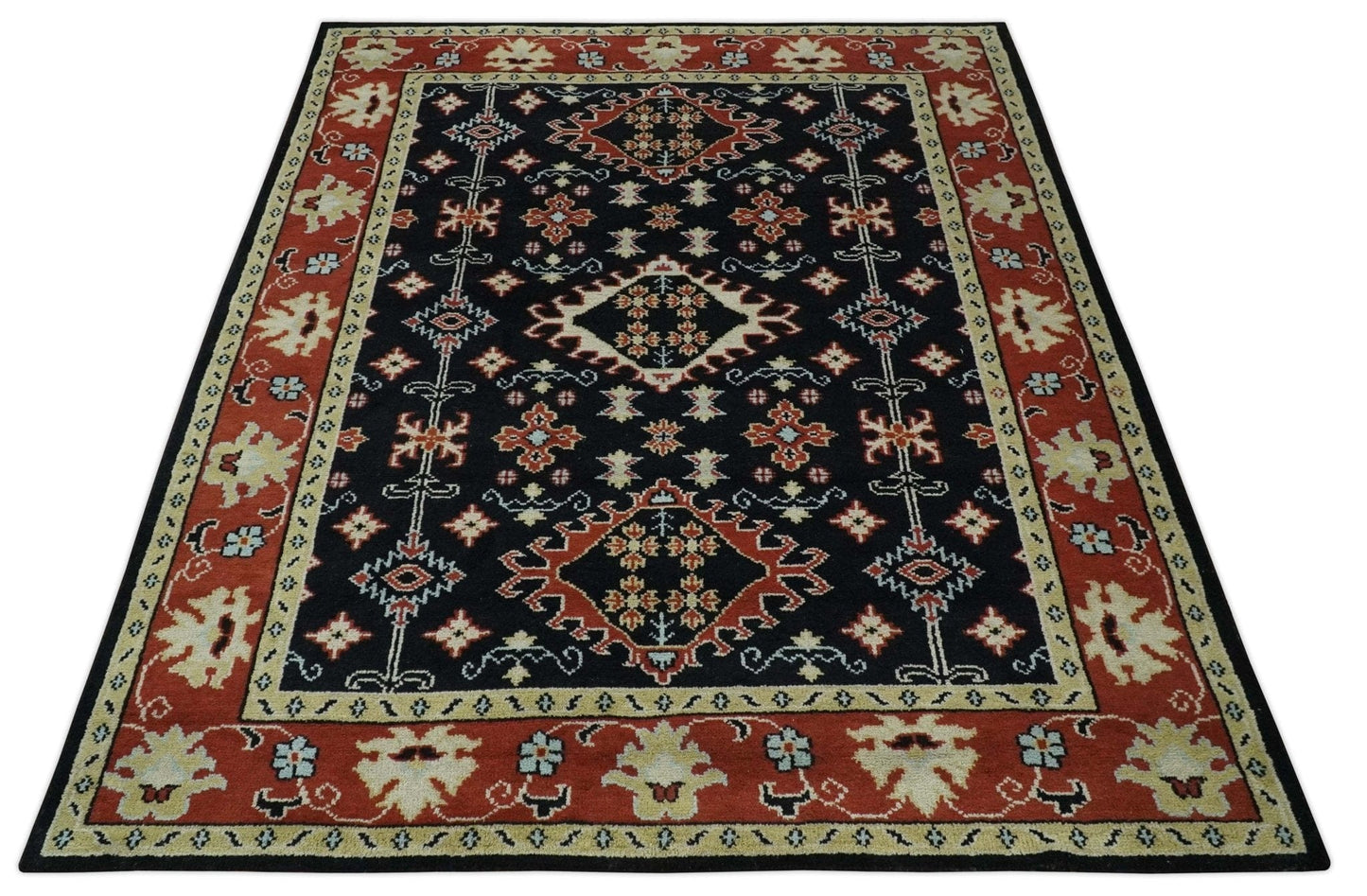 The Rug Decor Area Rug Black, Rust and Beige Traditional Oriental Hand Knotted Custom Made Wool Area Rug Black, Rust and Beige Traditional Oriental Hand Knotted Custom Made Wool Area Rug
