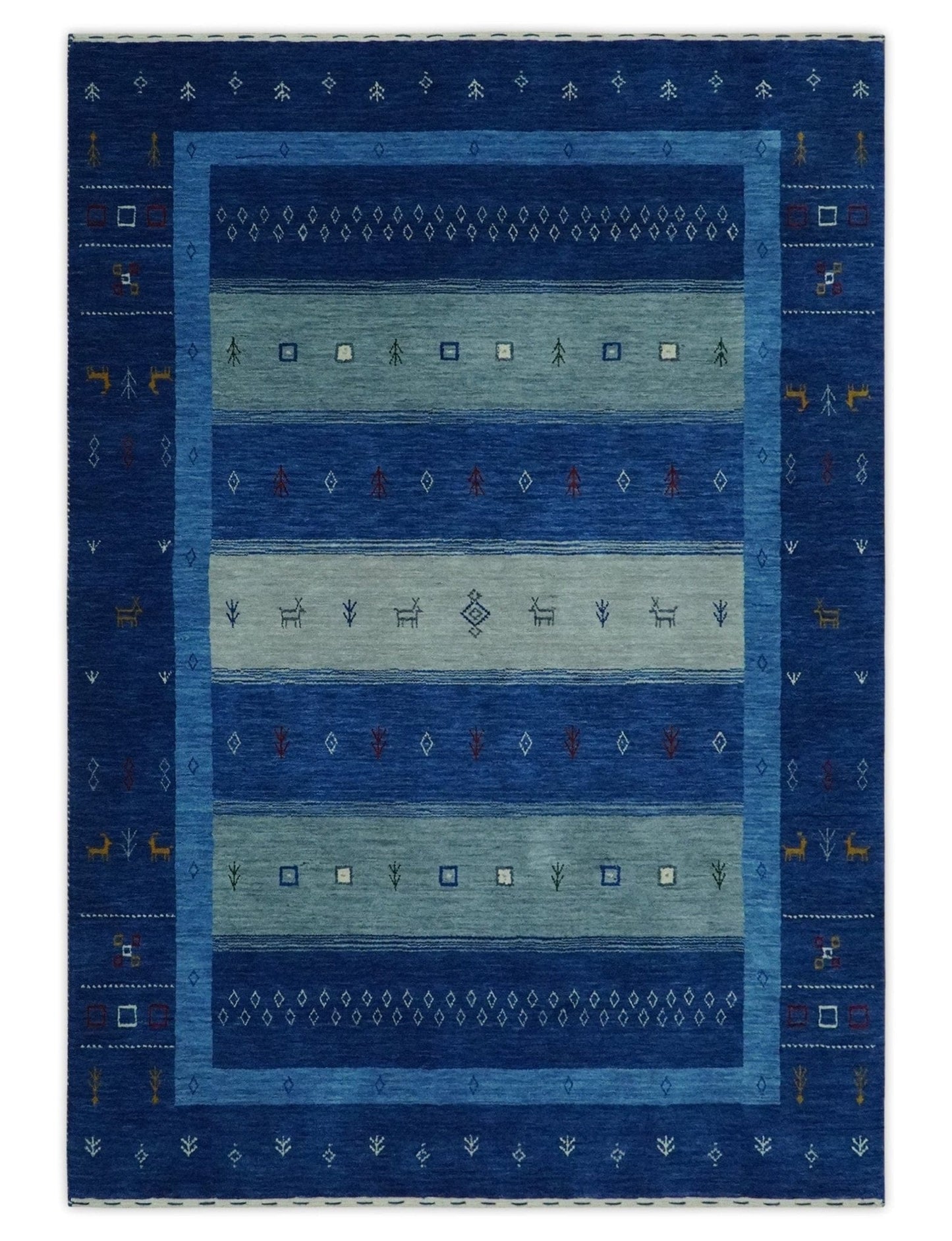 The Rug Decor Area Rug Blue, Gray and Silver Stripes design Tribal Gabbeh Traditional Custom Made Wool Area Rug Blue, Gray and Silver Stripes design Tribal Gabbeh Traditional Custom Made Wool Area Rug