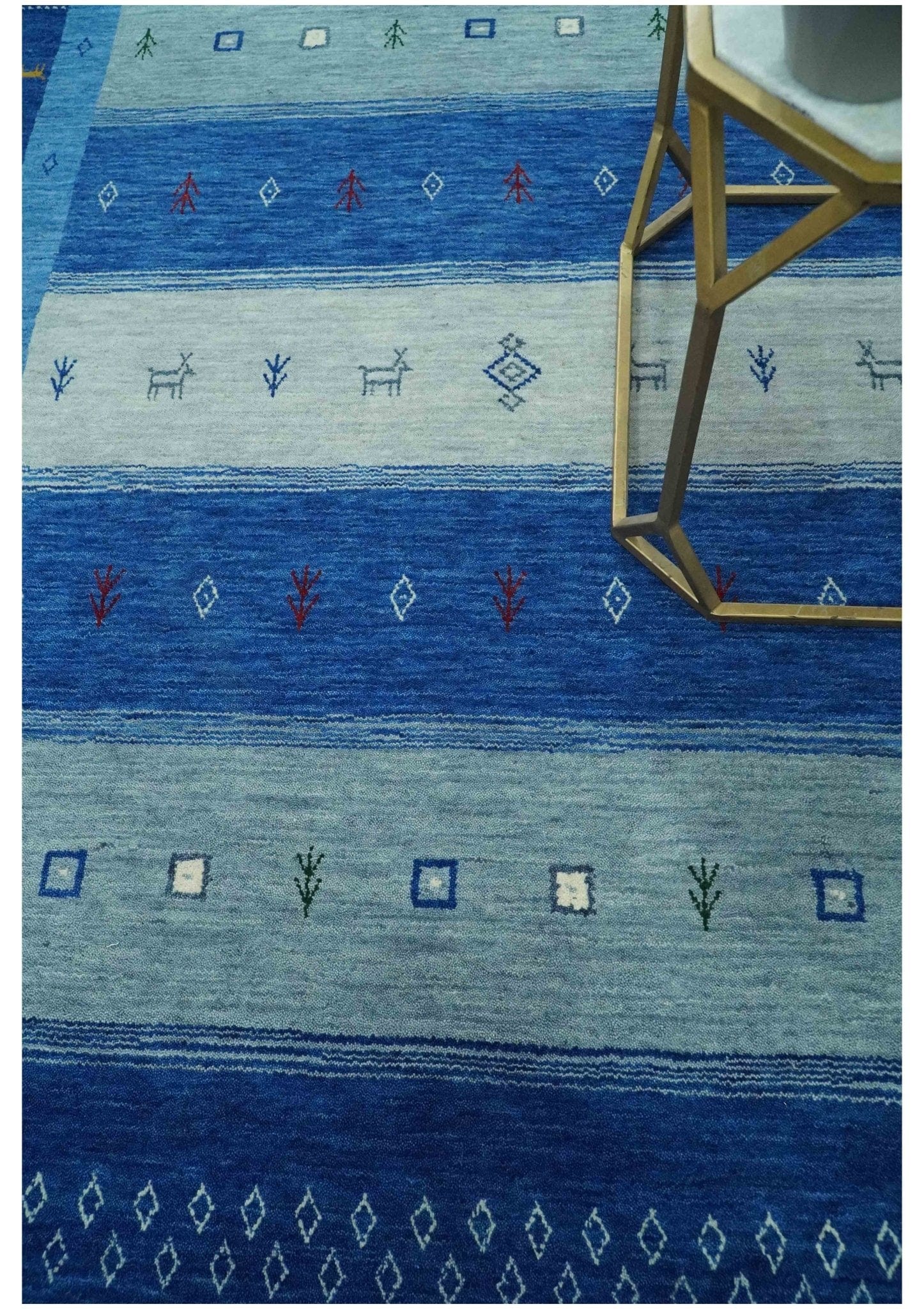 The Rug Decor Area Rug Blue, Gray and Silver Stripes design Tribal Gabbeh Traditional Custom Made Wool Area Rug Blue, Gray and Silver Stripes design Tribal Gabbeh Traditional Custom Made Wool Area Rug