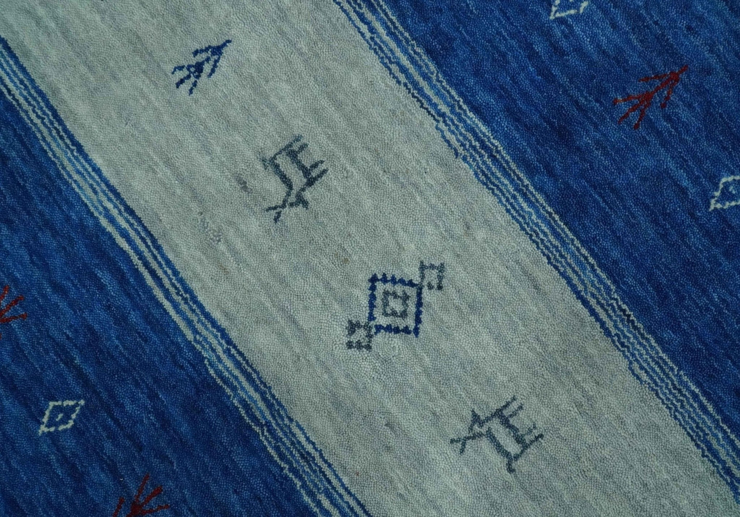 The Rug Decor Area Rug Blue, Gray and Silver Stripes design Tribal Gabbeh Traditional Custom Made Wool Area Rug Blue, Gray and Silver Stripes design Tribal Gabbeh Traditional Custom Made Wool Area Rug