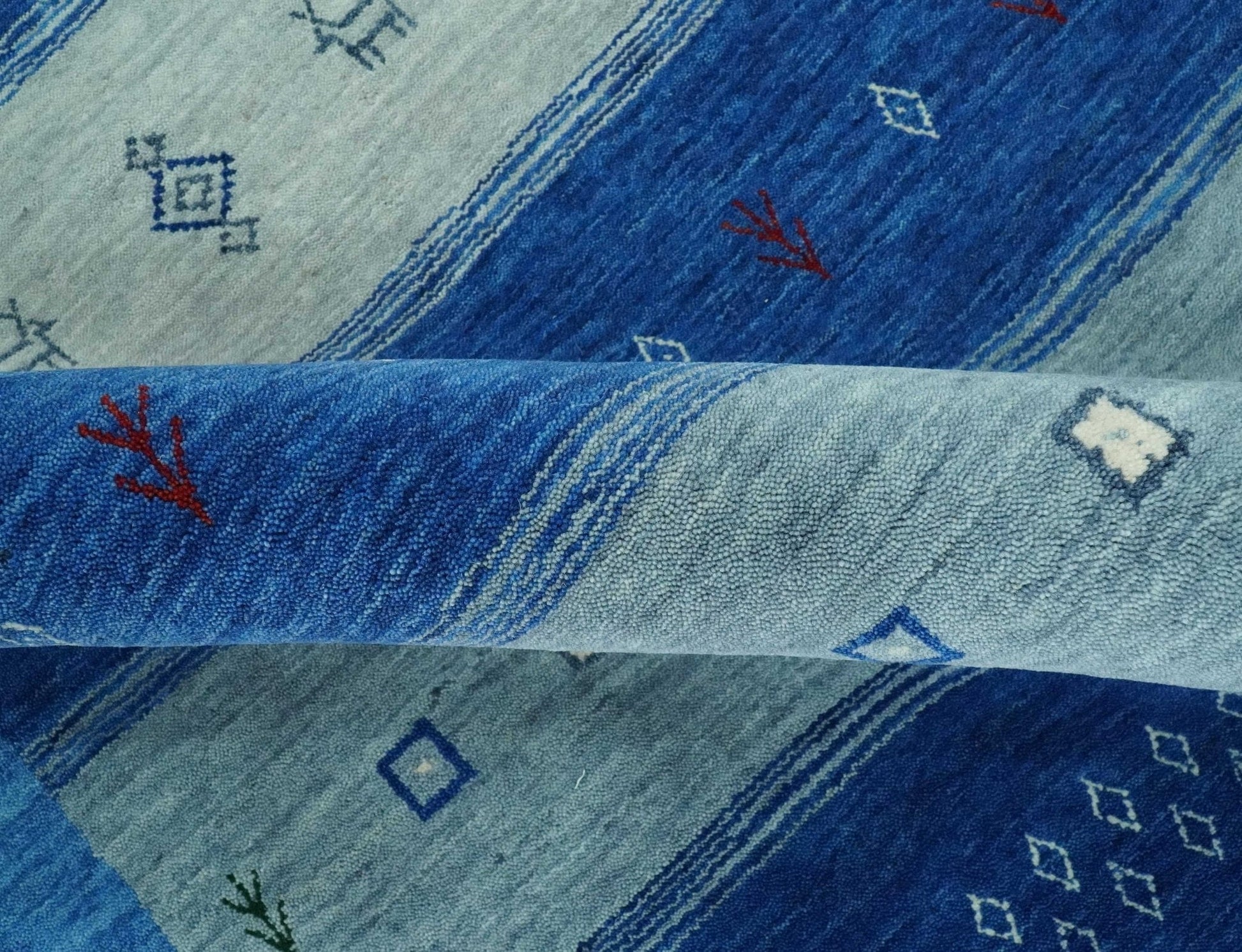 The Rug Decor Area Rug Blue, Gray and Silver Stripes design Tribal Gabbeh Traditional Custom Made Wool Area Rug Blue, Gray and Silver Stripes design Tribal Gabbeh Traditional Custom Made Wool Area Rug