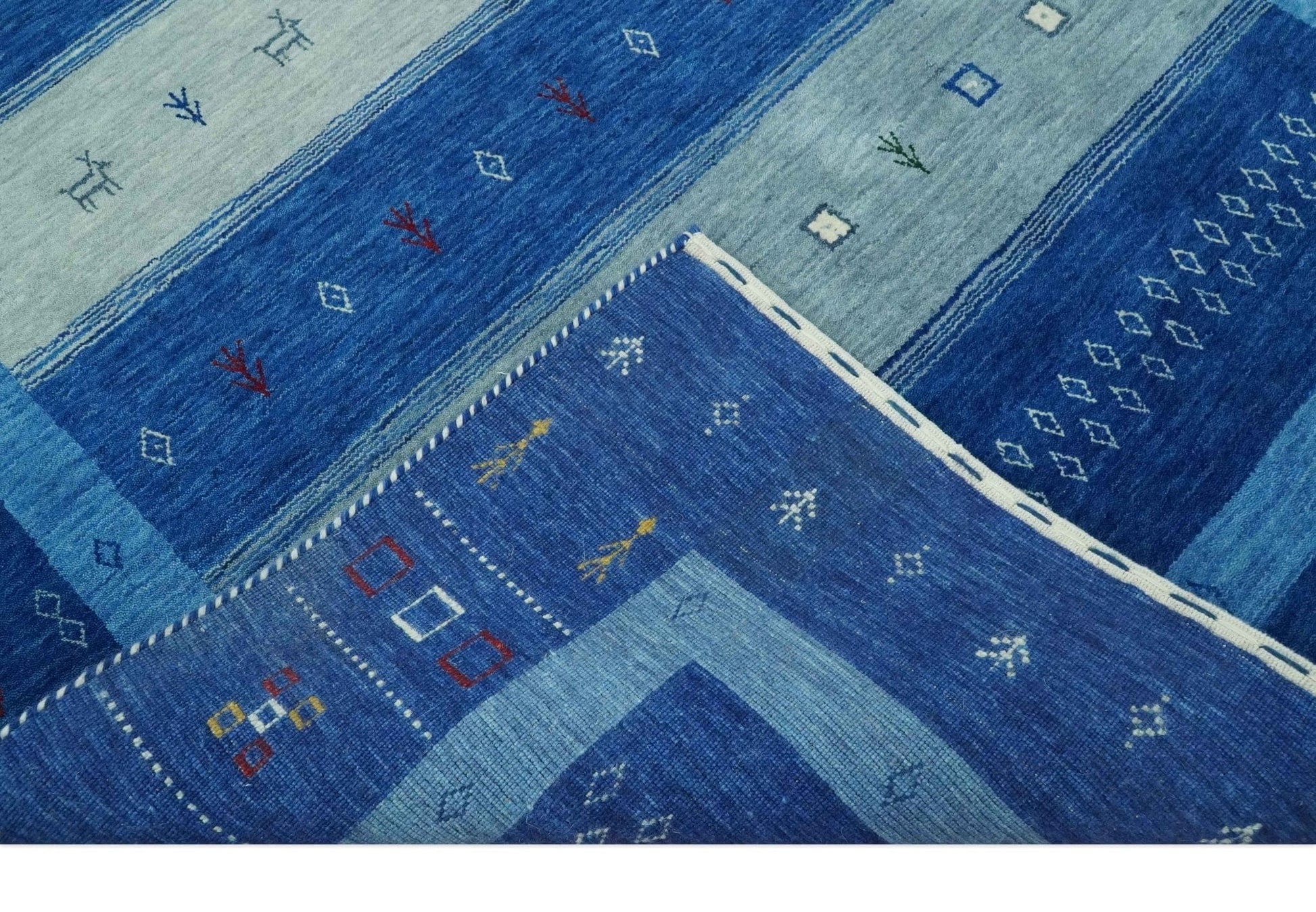 The Rug Decor Area Rug Blue, Gray and Silver Stripes design Tribal Gabbeh Traditional Custom Made Wool Area Rug Blue, Gray and Silver Stripes design Tribal Gabbeh Traditional Custom Made Wool Area Rug