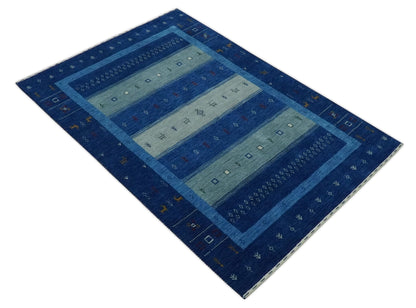 The Rug Decor Area Rug Blue, Gray and Silver Stripes design Tribal Gabbeh Traditional Custom Made Wool Area Rug Blue, Gray and Silver Stripes design Tribal Gabbeh Traditional Custom Made Wool Area Rug