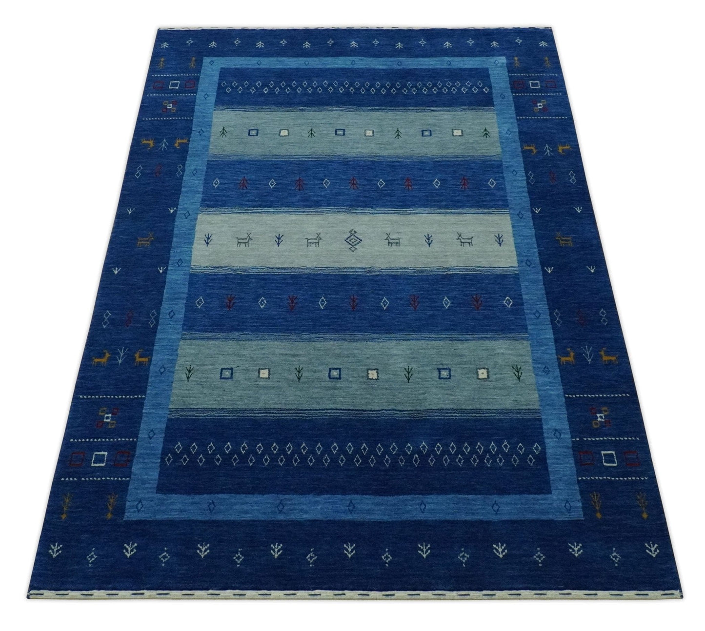 The Rug Decor Area Rug Blue, Gray and Silver Stripes design Tribal Gabbeh Traditional Custom Made Wool Area Rug Blue, Gray and Silver Stripes design Tribal Gabbeh Traditional Custom Made Wool Area Rug