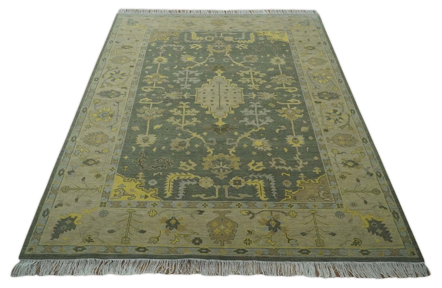 The Rug Decor Area Rug Charcoal, Olive and Mustard Hand knotted Oriental Oushak Custom Made wool Area Rug Charcoal, Olive and Mustard Hand knotted Oriental Oushak Custom Made wool Area Rug