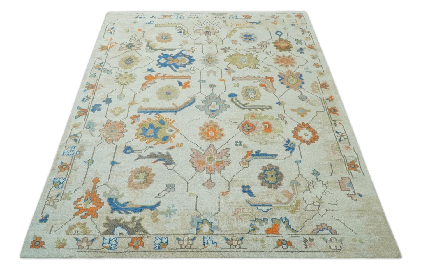 The Rug Decor Area Rug Colorful Ivory, Blue, Orange and Olive Hand Knotted Traditional Oriental Oushak Custom Made wool area Rug Colorful Ivory, Blue, Orange and Olive Hand Knotted Traditional Oriental Oushak Custom Made wool area Rug