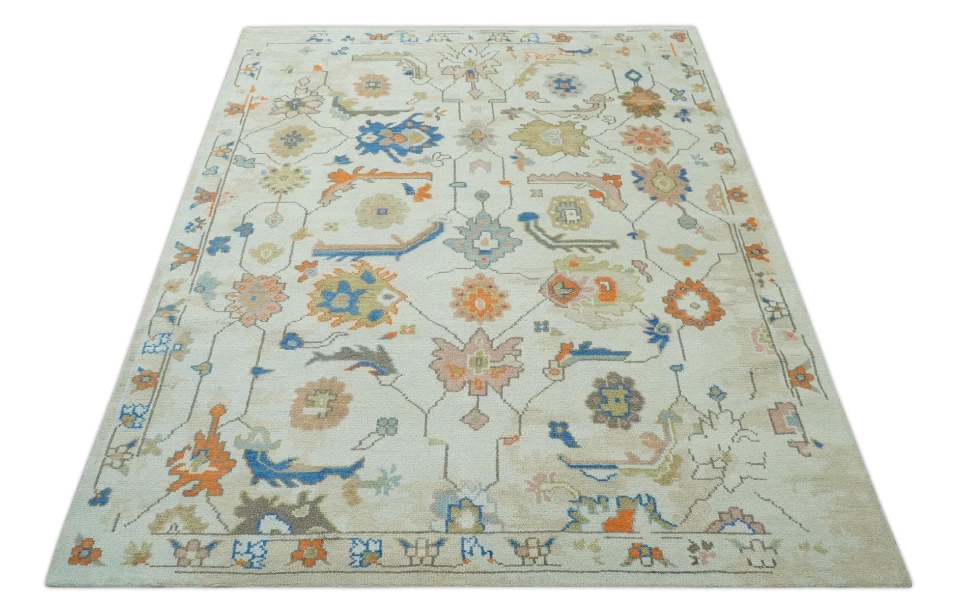 The Rug Decor Area Rug Colorful Ivory, Blue, Orange and Olive Hand Knotted Traditional Oriental Oushak Custom Made wool area Rug Colorful Ivory, Blue, Orange and Olive Hand Knotted Traditional Oriental Oushak Custom Made wool area Rug