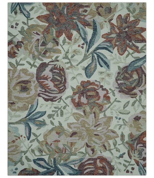 The Rug Decor Area Rug 8x10 Colorful Ivory, Olive and Brown Floral Design Hand Tufted Custom Made wool Rug Colorful Ivory, Olive and Brown Floral Design Hand Tufted Custom Made wool Rug