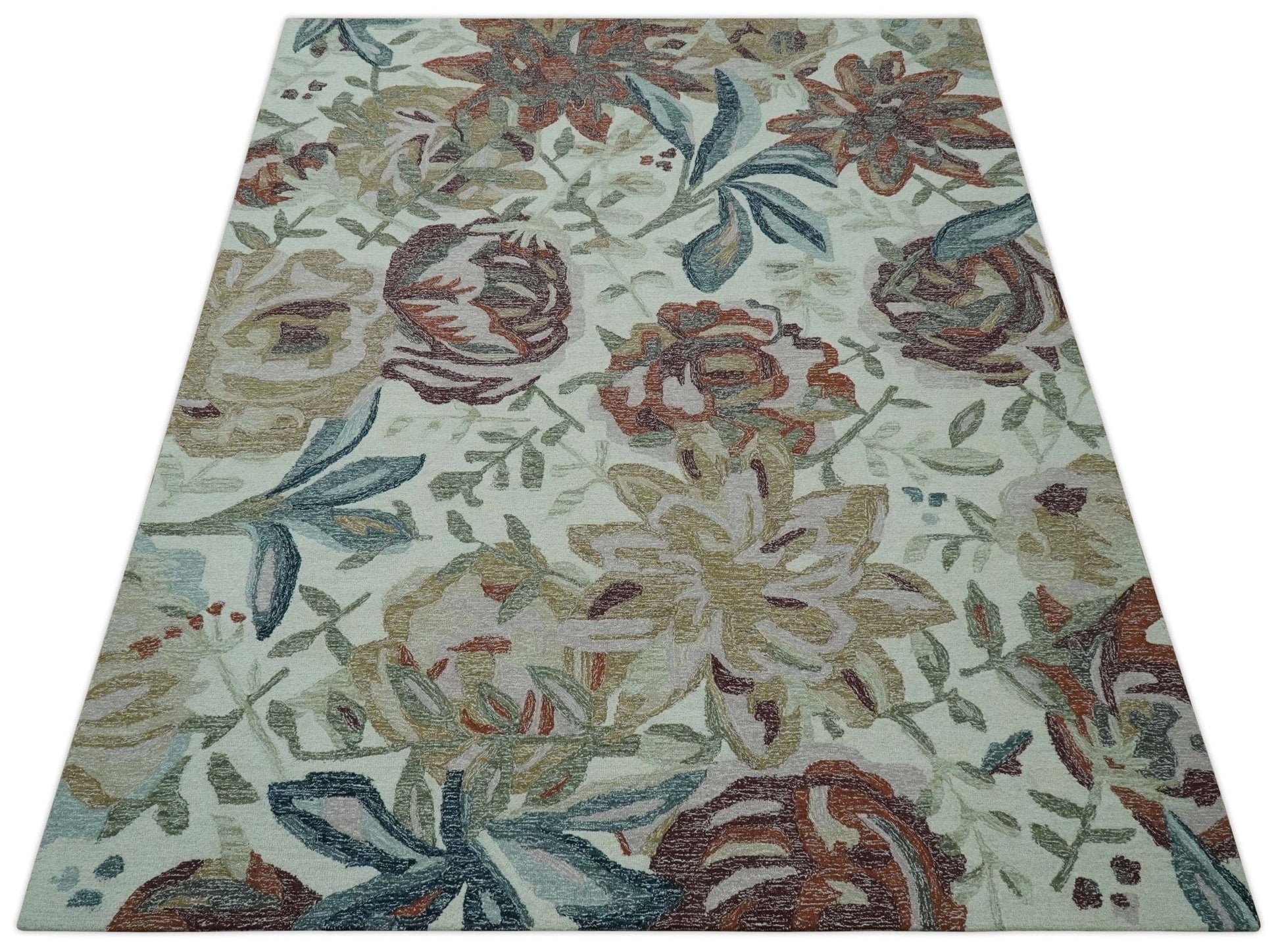 The Rug Decor Area Rug Colorful Ivory, Olive and Brown Floral Design Hand Tufted Custom Made wool Rug Colorful Ivory, Olive and Brown Floral Design Hand Tufted Custom Made wool Rug