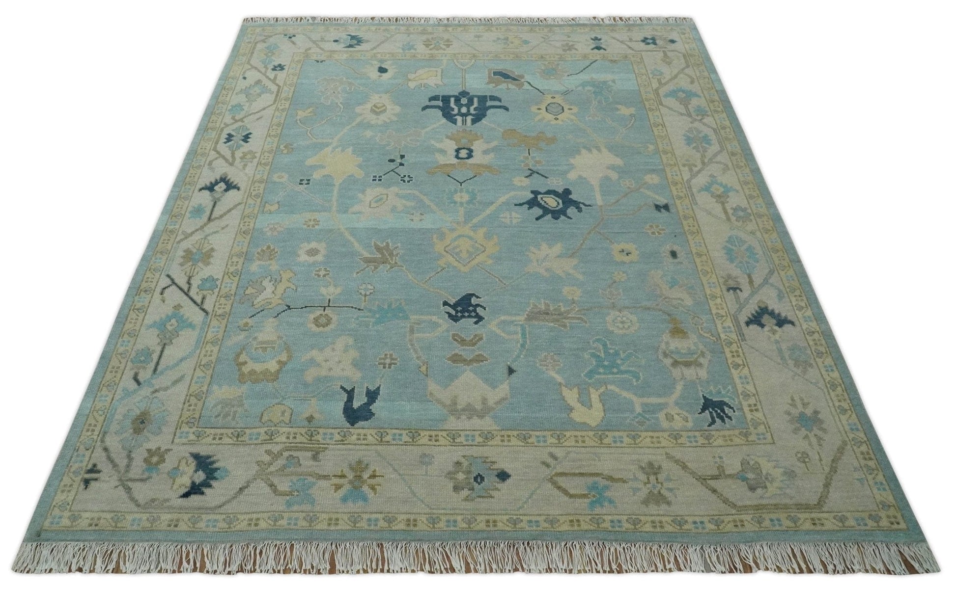 The Rug Decor Area Rug Custom Made Aqua, Ivory and Beige Hand knotted Oriental Oushak wool Area Rug Custom Made Aqua, Ivory and Beige Hand knotted Oriental Oushak wool Area Rug