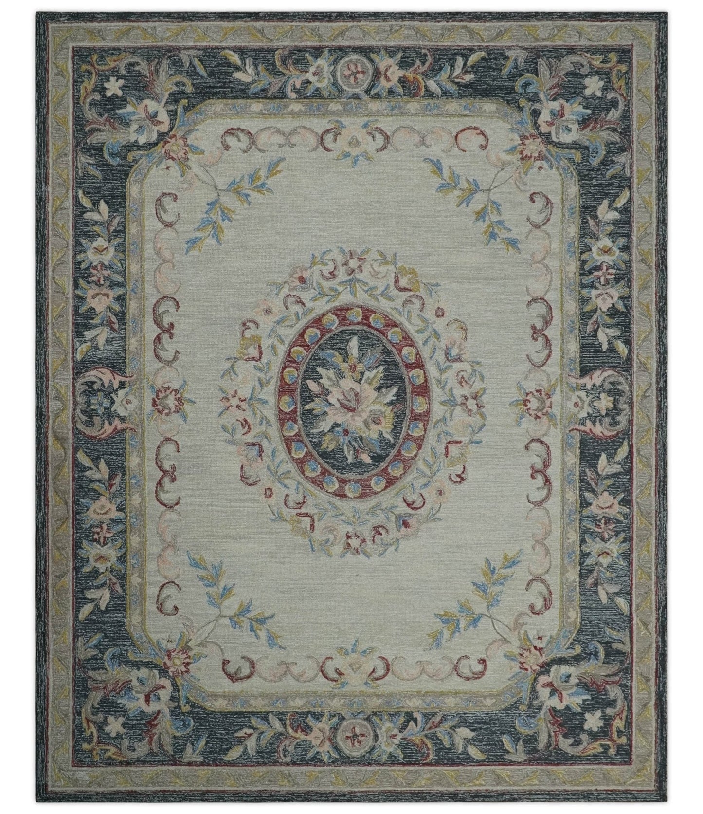 The Rug Decor Area Rug 8x10 Custom Made Beige and Charcoal Aubusson French design Hand Tufted wool Area Rug Custom Made Beige and Charcoal Aubusson French design Hand Tufted wool Area Rug