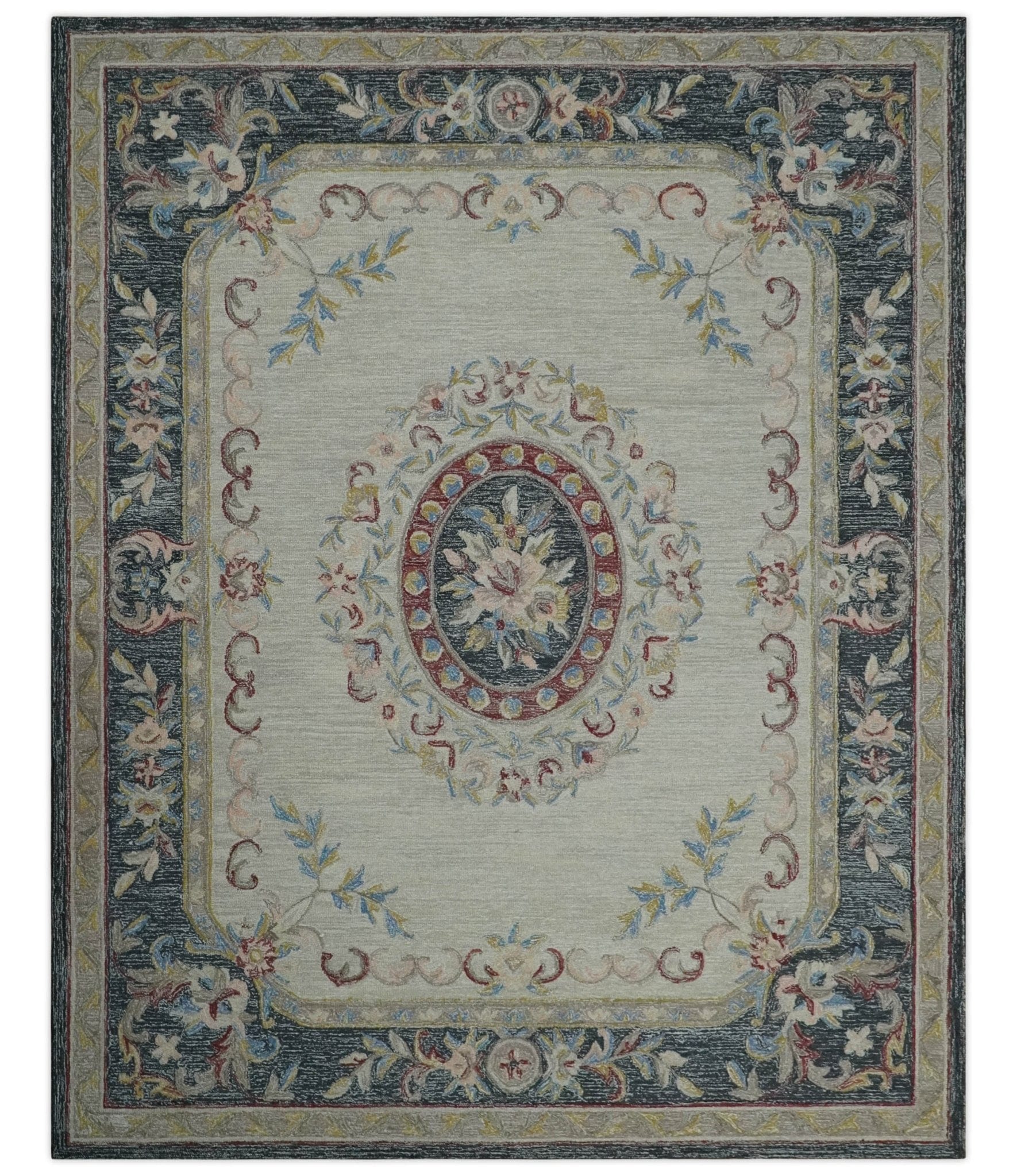 The Rug Decor Area Rug 8x10 Custom Made Beige and Charcoal Aubusson French design Hand Tufted wool Area Rug Custom Made Beige and Charcoal Aubusson French design Hand Tufted wool Area Rug